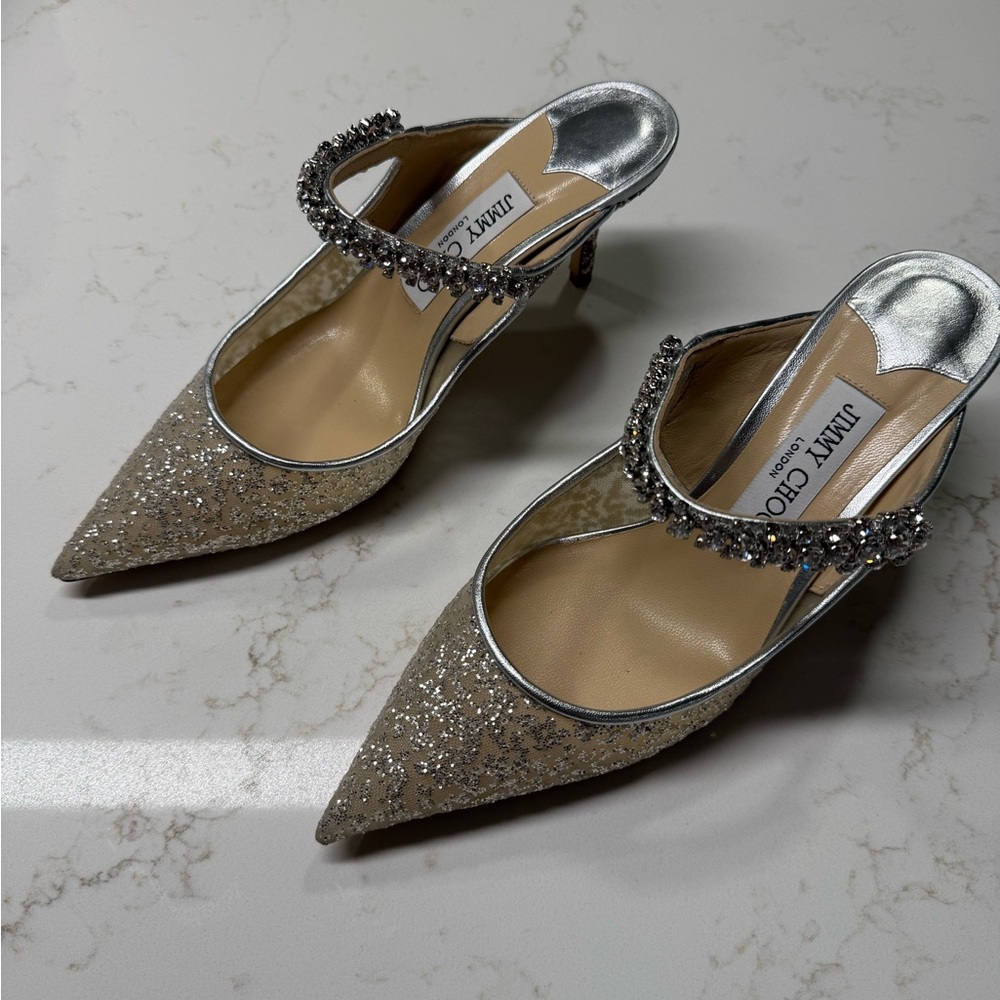 Jimmy Choo Bing 65 Silver Glitter Women's Heels